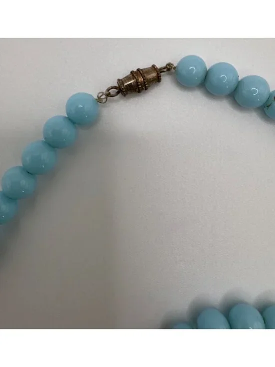 Blue Glass Lampwork Gold Foil Bead Necklace 24” Gold Tone Robins Egg Artisan - Picture 3 of 10